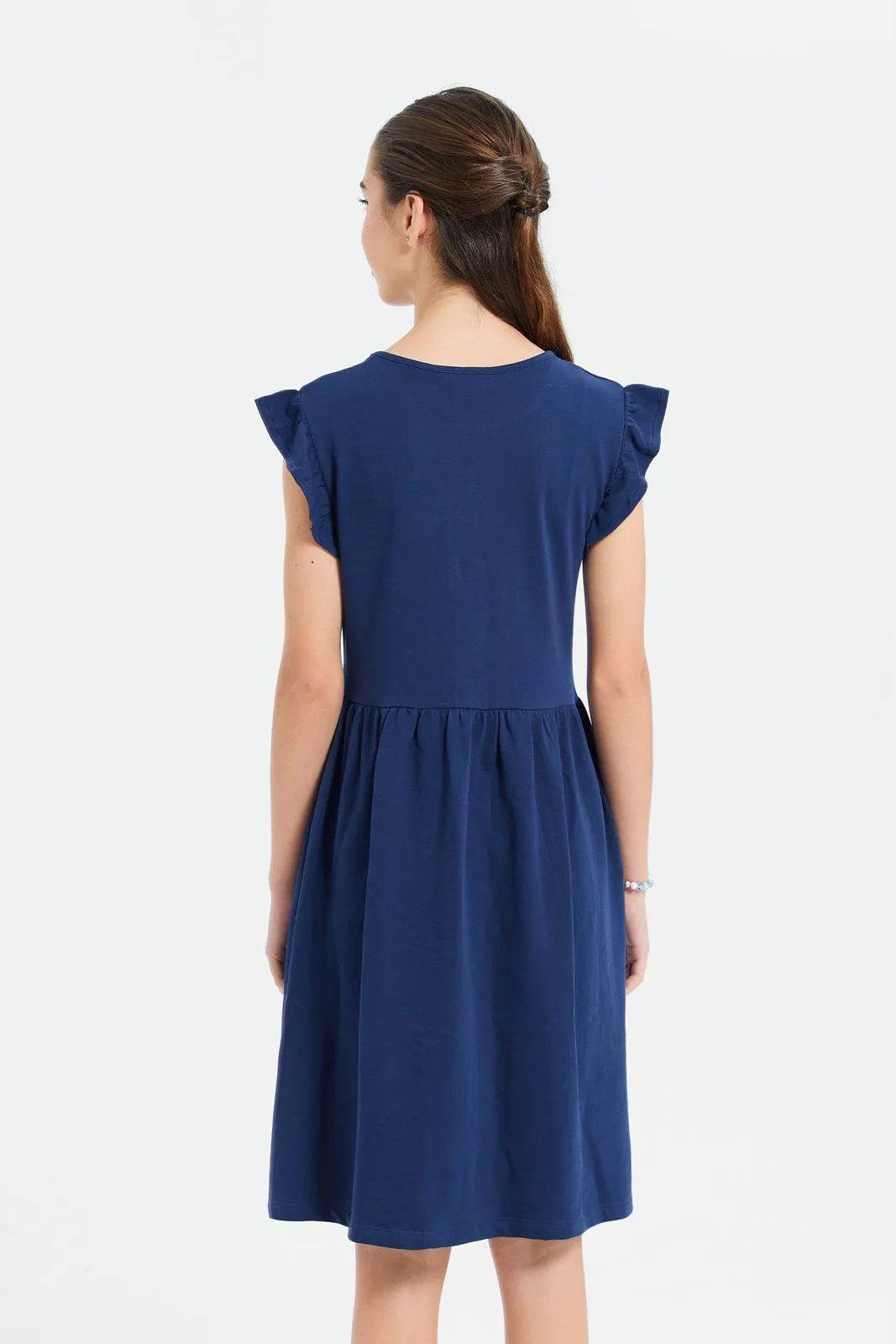 Senior Girls Navy Plain Ruffled Sleeve Dress